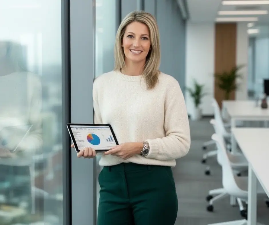 Stratégiai üzleti tanácsadó tabletet tart grafikonokkal, modern irodatérben